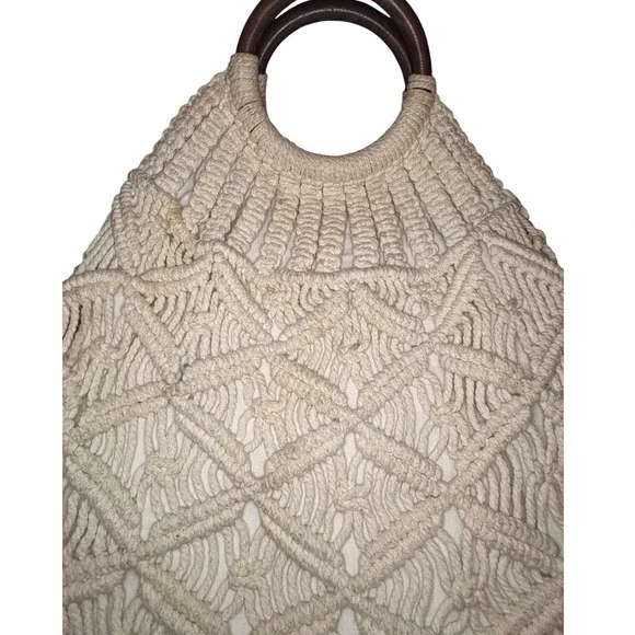 Boho Macrame Straw Tote Bag Wooden Handles Cream Beach Purse - Picture 3 of 5